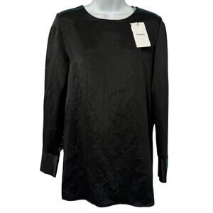 Theory Black Emry Satin Round Neck Button Long Sleeve Blouse Top size S NEW Tags